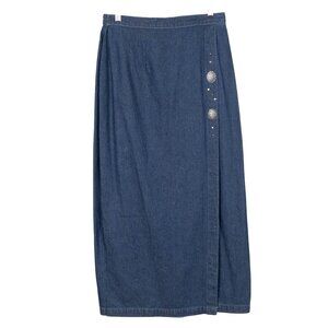 River Ridge VTG Denim Maxi Skirt 10 Womens Western Silver Button Elastic Waist